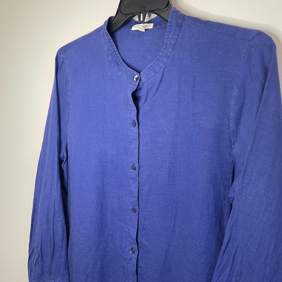 Eileen Fisher Womens 100% Organic Linen Blouse Button Up Top Blue Tunic Large - Picture 2 of 6